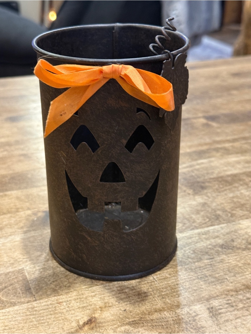 Halloween Jack-O'-Lantern Rustic Metal Lantern with Orange Bow - Picture 3 of 9